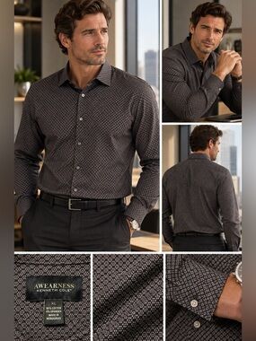 Kenneth Cole Men’s Black Patterned Dress Shirt